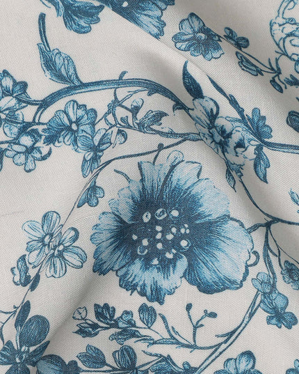 Denim Teal Blue Floral Blended Linen Fabric 110cm