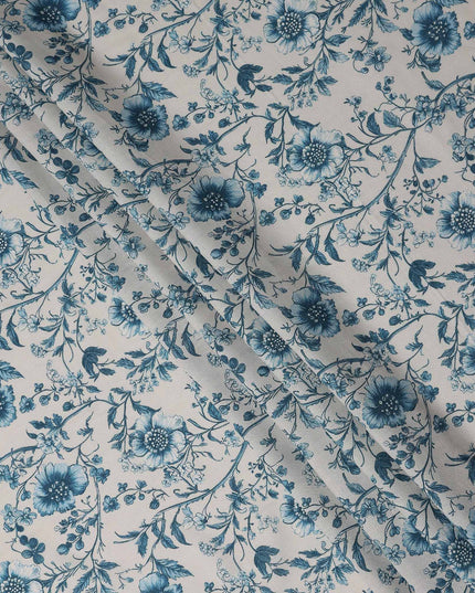 Denim Teal Blue Floral Blended Linen Fabric 110cm