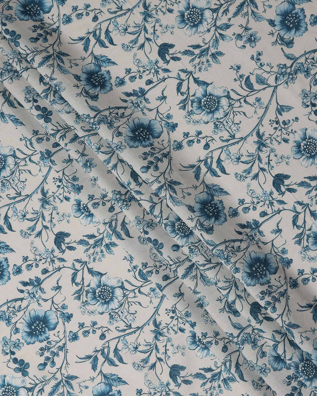 Denim Teal Blue Floral Blended Linen Fabric 110cm
