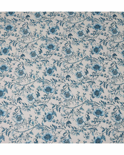 Denim Teal Blue Floral Blended Linen Fabric 110cm