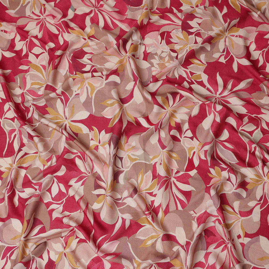 Crimson Red Leaf Print Viscose Twill Fabric