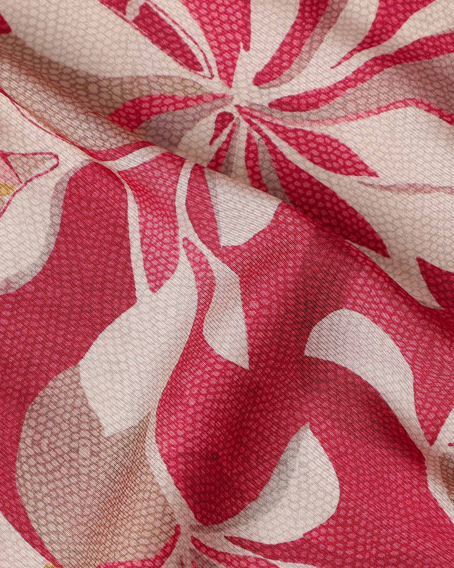 Crimson Red Leaf Print Viscose Twill Fabric