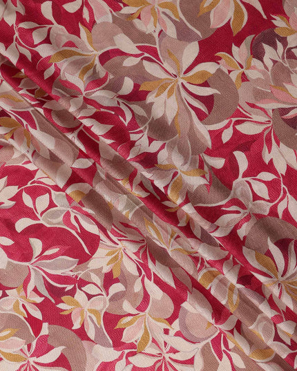 Crimson Red Leaf Print Viscose Twill Fabric