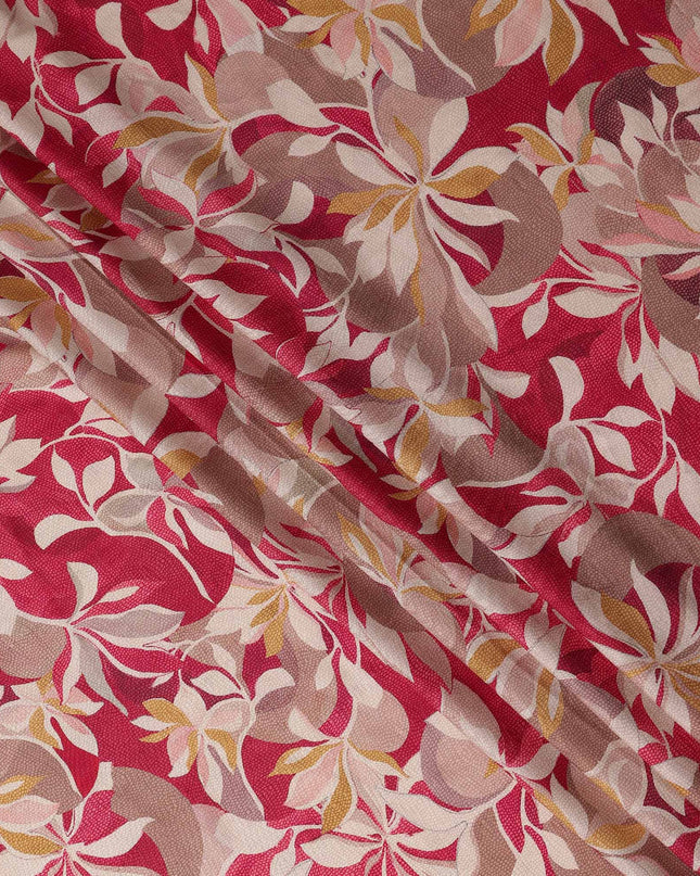 Crimson Red Leaf Print Viscose Twill Fabric