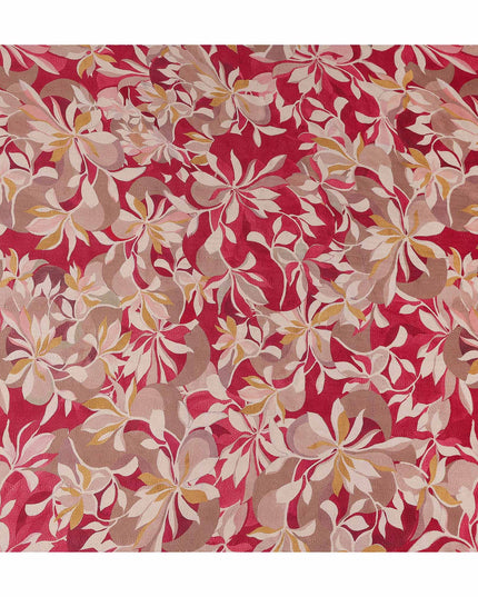 Crimson Red Leaf Print Viscose Twill Fabric