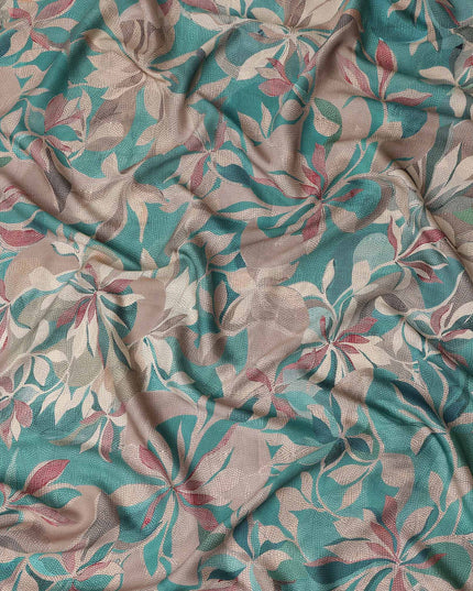 Teal Green Leaf Print Viscose Twill Fabric