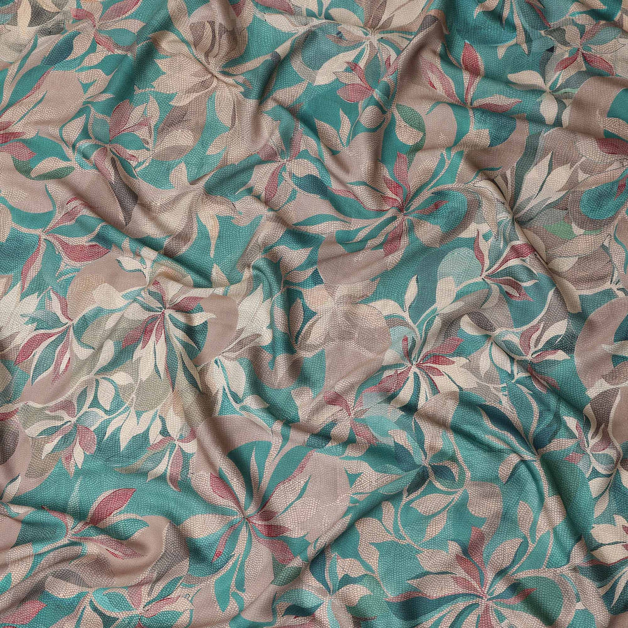 Teal Green Leaf Print Viscose Twill Fabric