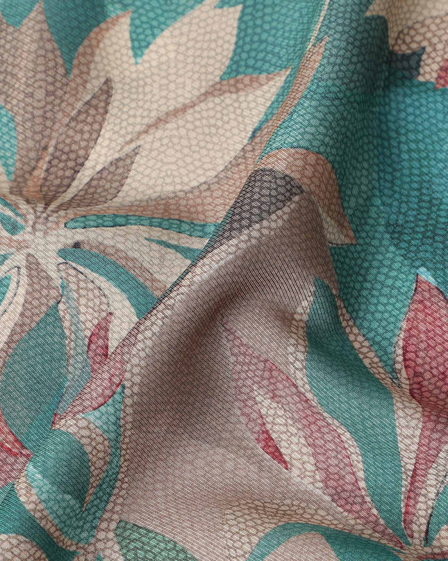 Teal Green Leaf Print Viscose Twill Fabric