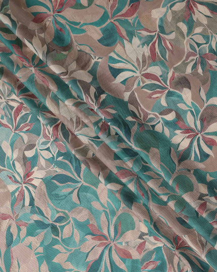 Teal Green Leaf Print Viscose Twill Fabric