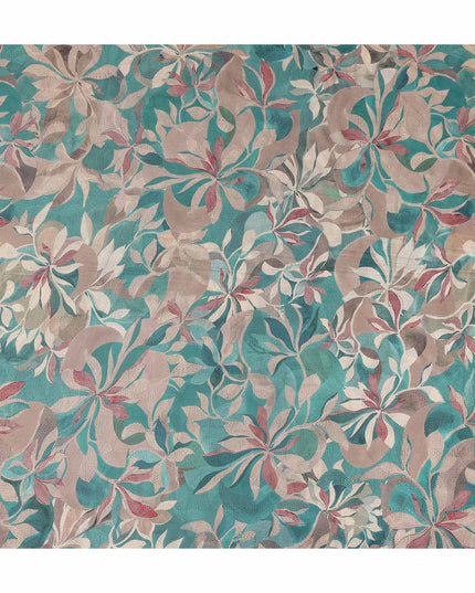Teal Green Leaf Print Viscose Twill Fabric