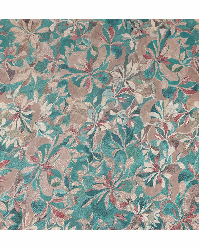 Teal Green Leaf Print Viscose Twill Fabric
