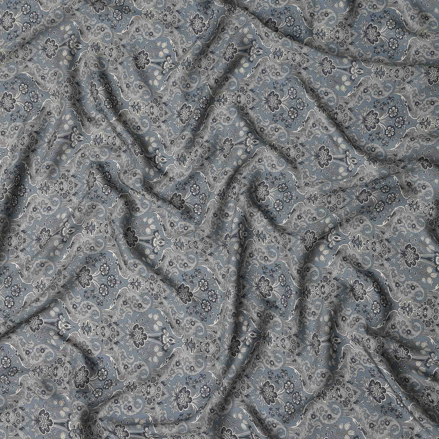 Charcoal Grey Paisley Print Viscose Twill Fabric