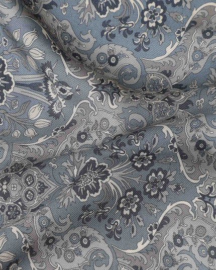 Charcoal Grey Paisley Print Viscose Twill Fabric