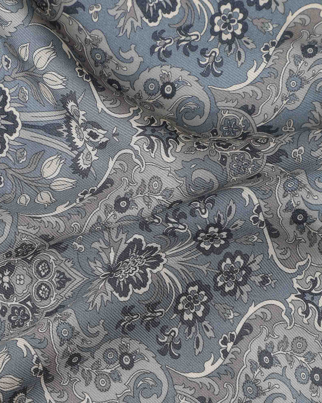 Charcoal Grey Paisley Print Viscose Twill Fabric