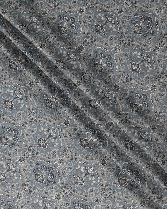 Charcoal Grey Paisley Print Viscose Twill Fabric