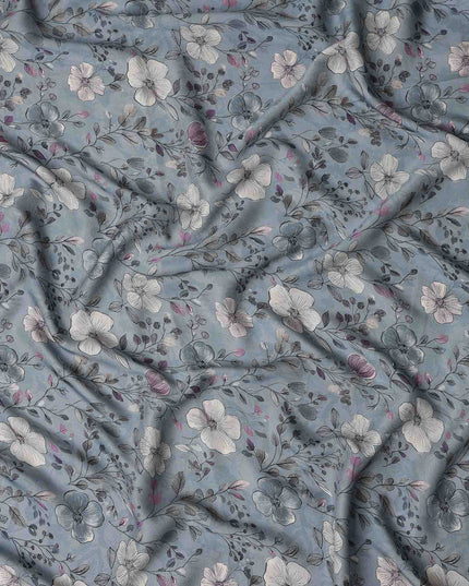 Dusty Blue Floral Print Viscose Twill Fabric