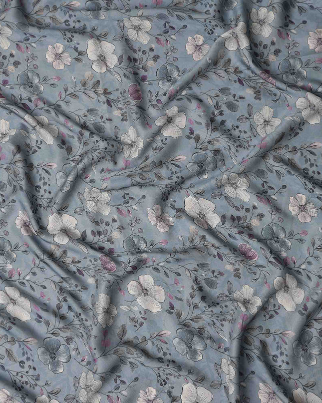 Dusty Blue Floral Print Viscose Twill Fabric