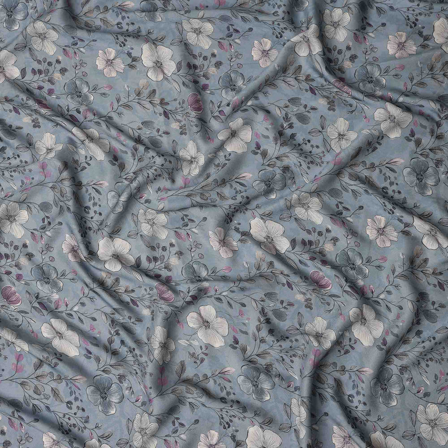 Dusty Blue Floral Print Viscose Twill Fabric