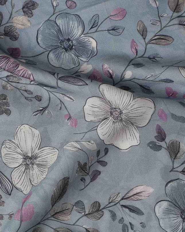 Dusty Blue Floral Print Viscose Twill Fabric