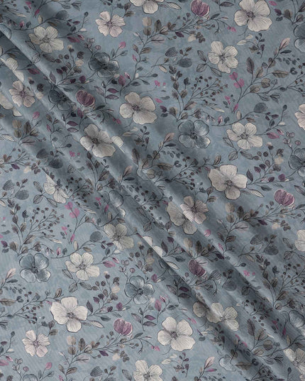 Dusty Blue Floral Print Viscose Twill Fabric