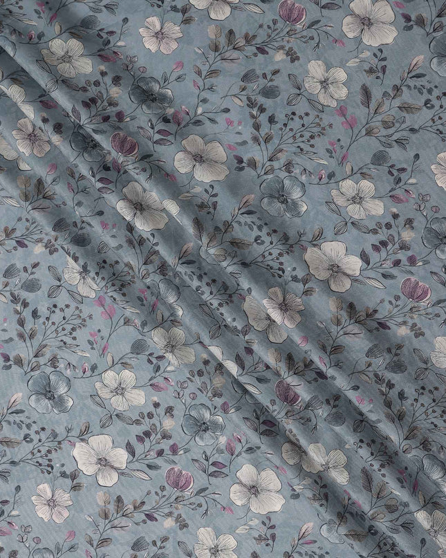 Dusty Blue Floral Print Viscose Twill Fabric