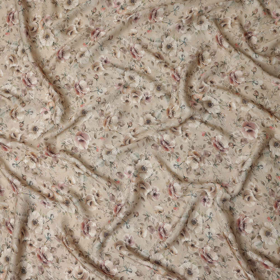 Sandy Beige Floral Print Viscose Twill Fabric