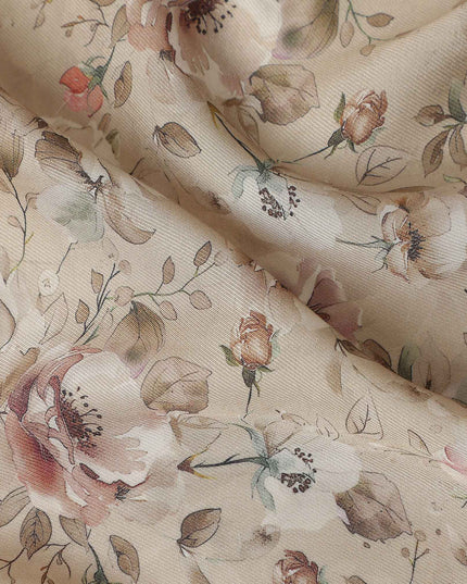 Sandy Beige Floral Print Viscose Twill Fabric