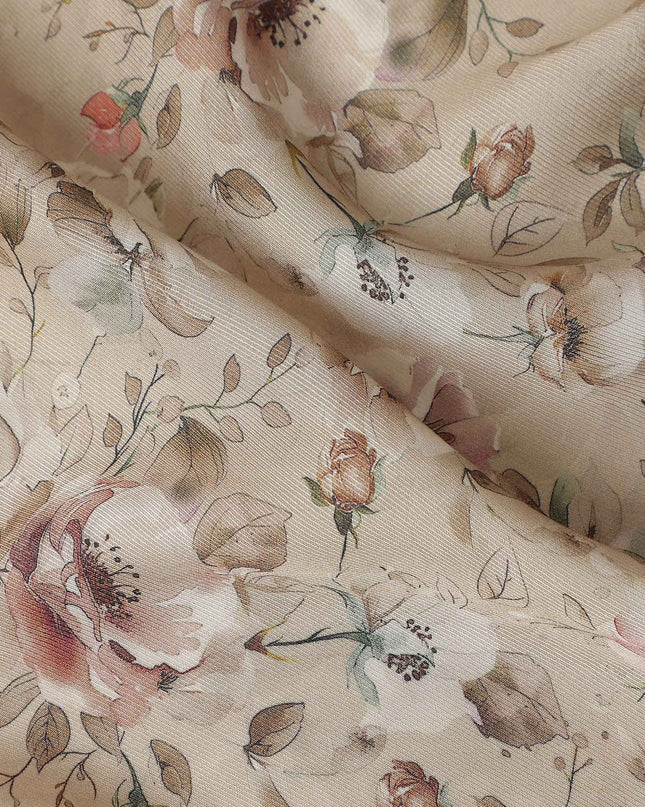 Sandy Beige Floral Print Viscose Twill Fabric