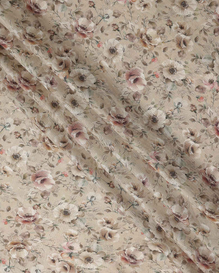 Sandy Beige Floral Print Viscose Twill Fabric