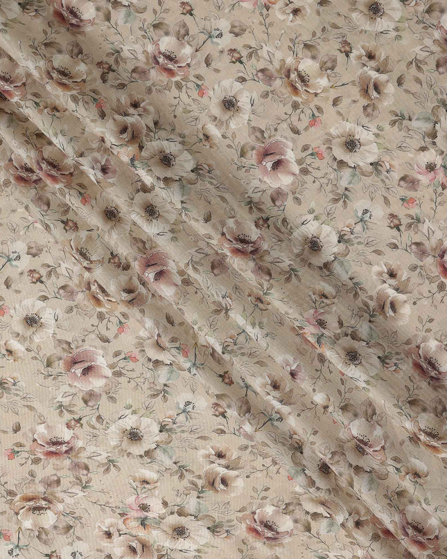 Sandy Beige Floral Print Viscose Twill Fabric