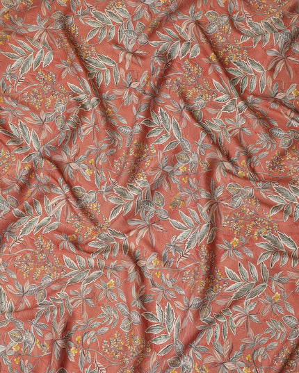 Coral Orange Leaf Print Viscose Twill Fabric