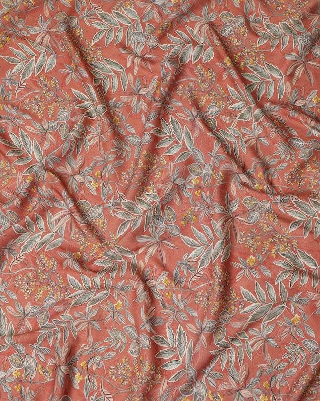 Coral Orange Leaf Print Viscose Twill Fabric