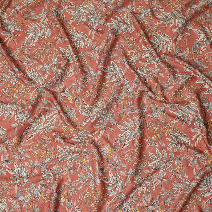 Coral Orange Leaf Print Viscose Twill Fabric