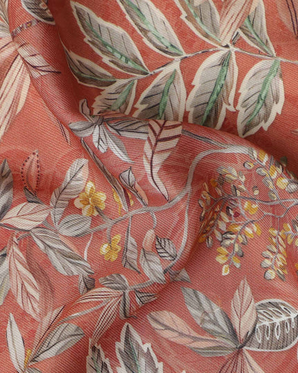 Coral Orange Leaf Print Viscose Twill Fabric