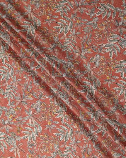 Coral Orange Leaf Print Viscose Twill Fabric