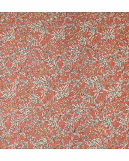 Coral Orange Leaf Print Viscose Twill Fabric