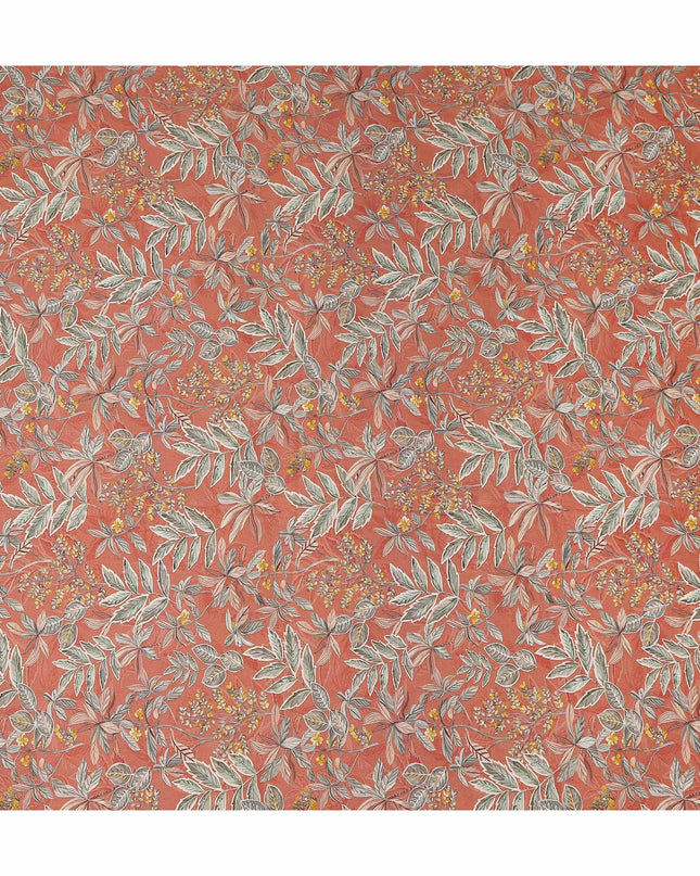 Coral Orange Leaf Print Viscose Twill Fabric
