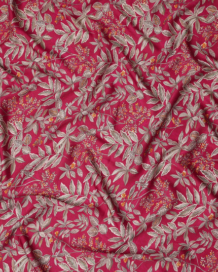 Magenta Pink Leaf Print Viscose Twill Fabric