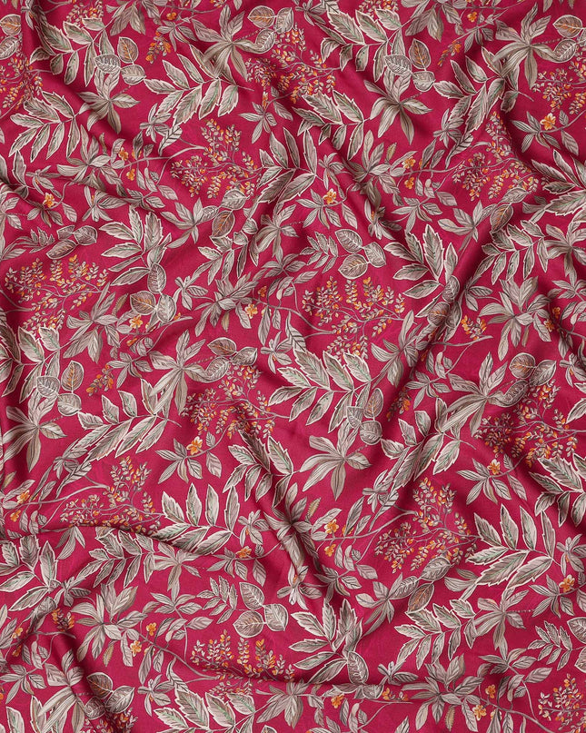 Magenta Pink Leaf Print Viscose Twill Fabric