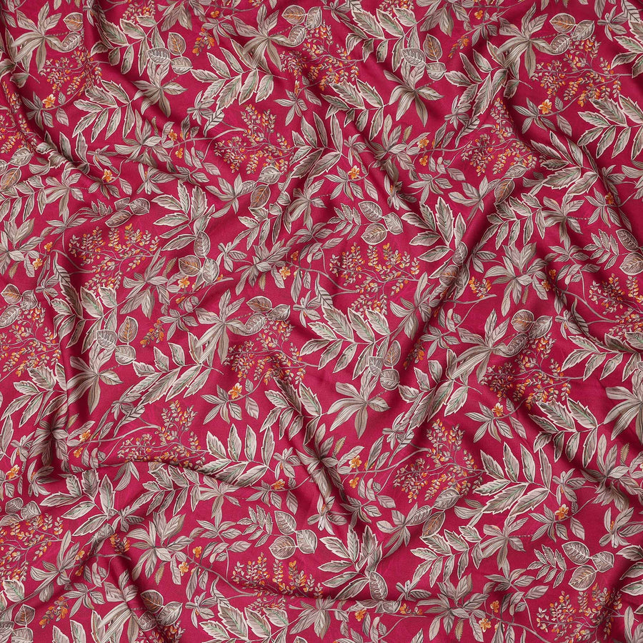 Magenta Pink Leaf Print Viscose Twill Fabric