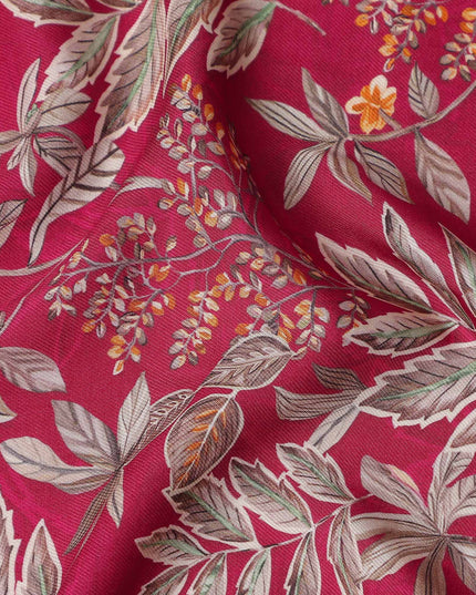 Magenta Pink Leaf Print Viscose Twill Fabric