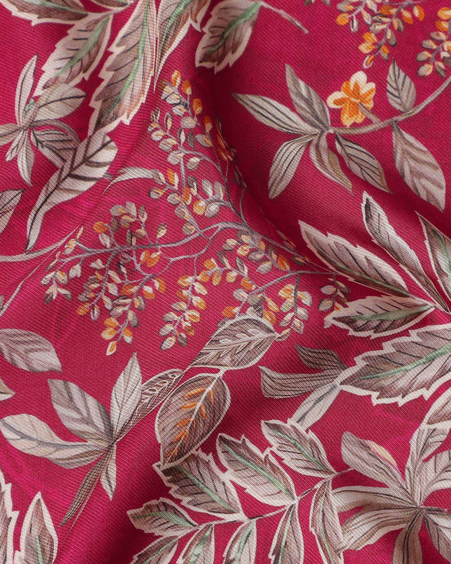 Magenta Pink Leaf Print Viscose Twill Fabric