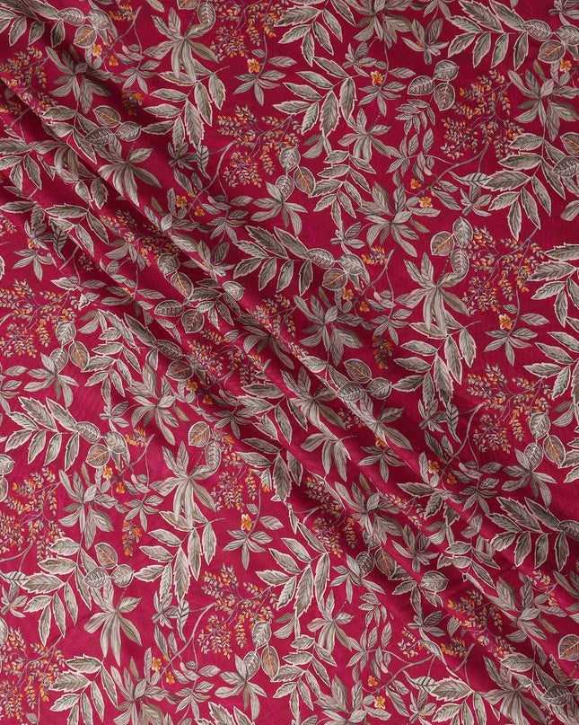 Magenta Pink Leaf Print Viscose Twill Fabric