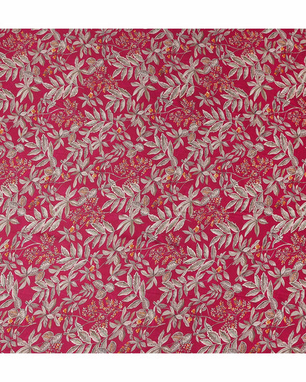 Magenta Pink Leaf Print Viscose Twill Fabric