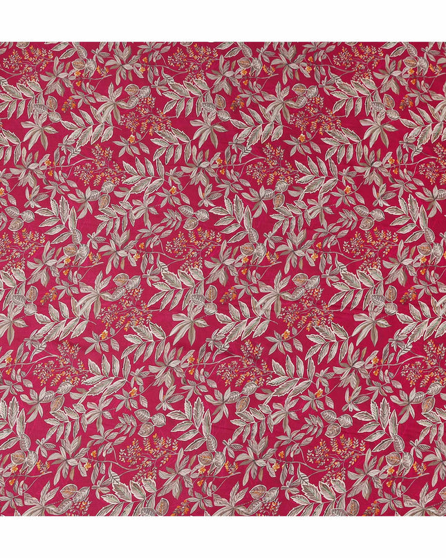 Magenta Pink Leaf Print Viscose Twill Fabric