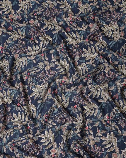 Indigo Navy Leaf Print Viscose Twill Fabric