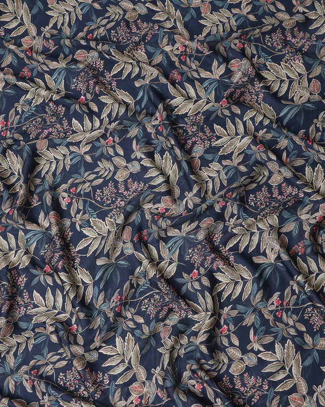 Indigo Navy Leaf Print Viscose Twill Fabric