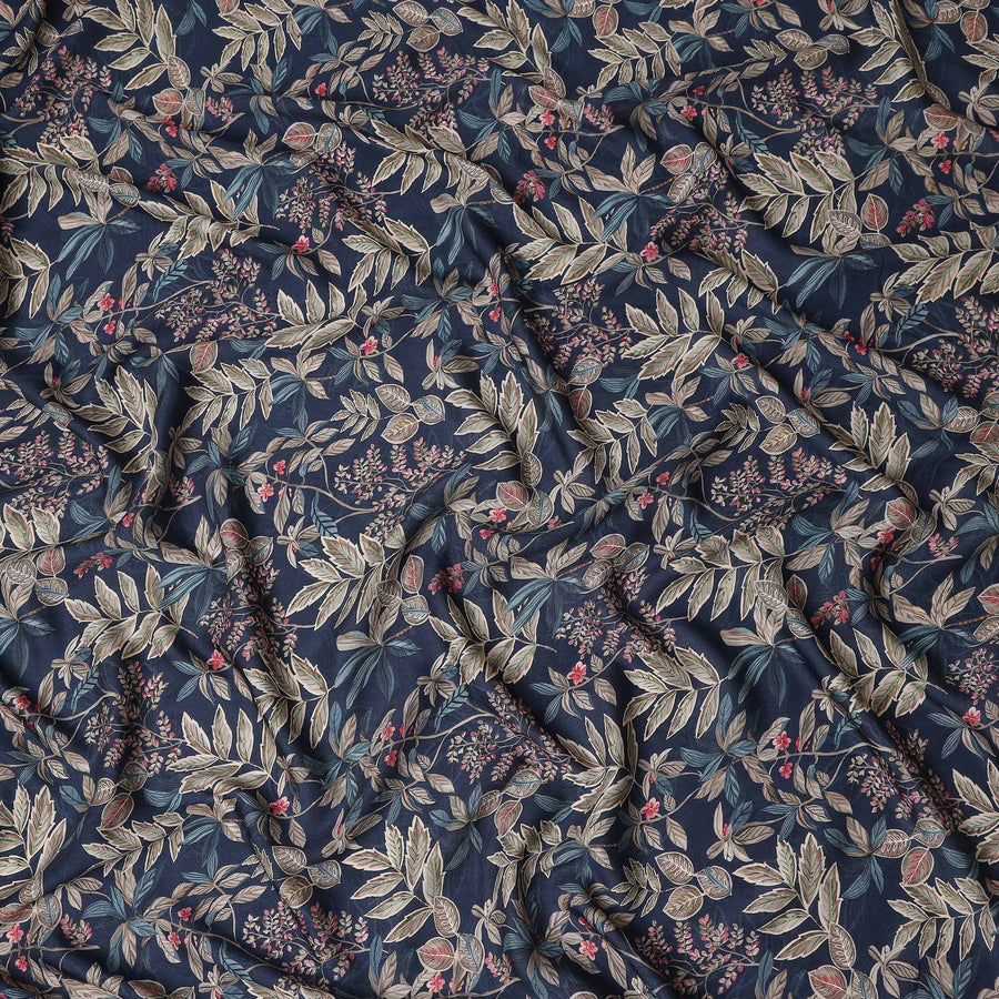 Indigo Navy Leaf Print Viscose Twill Fabric