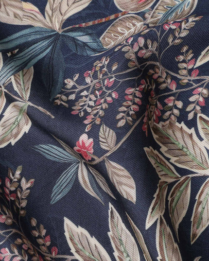 Indigo Navy Leaf Print Viscose Twill Fabric