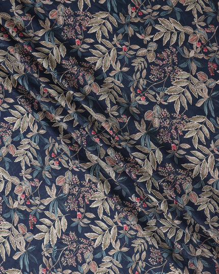 Indigo Navy Leaf Print Viscose Twill Fabric